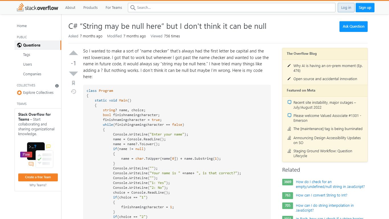 C# “String may be null here” but I don't think it can be null